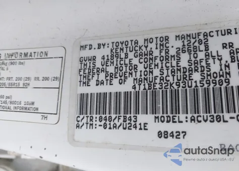 2003 Toyota Camry Le from USA, damaged, VIN 4T1BE32K93U159909